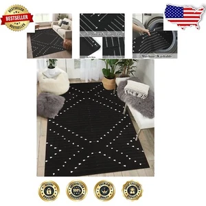 Trendy Bohemian Area Rug 5' x 7' - Black with Geometric Design, Washable Fabric - Picture 1 of 9