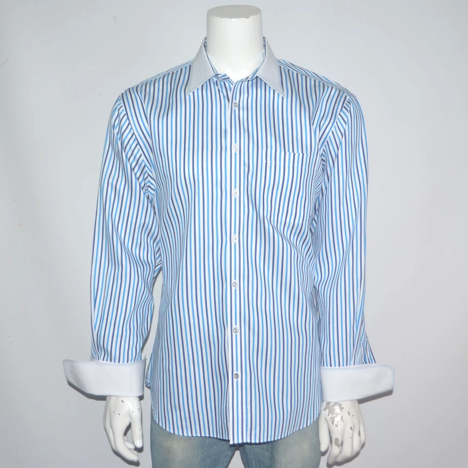 PAUL FREDRICK Slim Fit Non Iron Blue French Cuff Cotton Dress Shirt 17.5 - 34 - Image 1 of 4