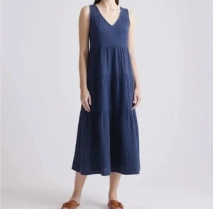 Neu mit Etikett Quitte Maxikleid 100 % Bio-Baumwolle Gaze Stufen indigoblau Größe Small - Bild 1 von 8