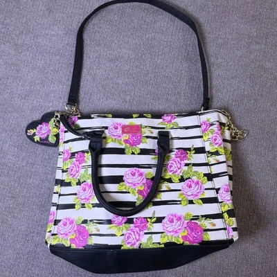 Betsy Johnson Pink Roses & Stripes Shoulder Cross Body Double Handle Handbag - Image 1 of 4
