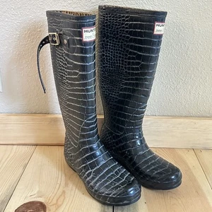 HUNTER & JIMMY CHOO Special Edition Rain Croc Embossed Boots Size 7 Black - Picture 1 of 11