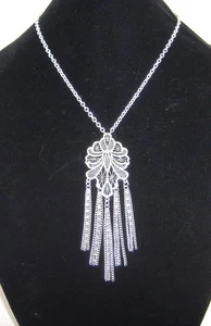Vintage Art Nouveau Style Silver Tone Filigree Pendant w/ Dangling Fringe Chains - Picture 1 of 6