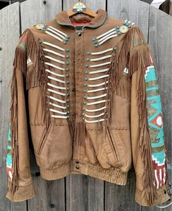 VTG VOLCANO WESTERN NATIVE AMERICAN Soft LAMB LEATHER JACKET FRINGE Women Size L - Picture 1 of 12