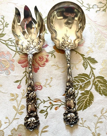 Large Alvin Bridal Rose Sterling Salad Servers 9" Mono Cover