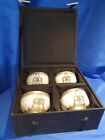 Presentation Box With 4 Jadeite Tea Bowls With Metal Overlay With Dragon