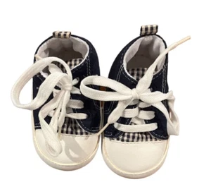 Navy Blue/White & Gingham Baby Boy Crib Shoes - Red Boat Picture on sides - 3-9M - Picture 1 of 5
