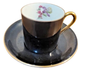 Victoria Czechoslovakia Demitasse Set Cup Saucer Porcelain Black Gold Rim Floral - Picture 1 of 12