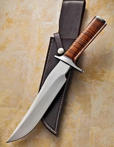 Hand Forged J2 Steel Battle Ready Hunting Bowie Knife Stacked Leather Handle - Picture 1 of 1