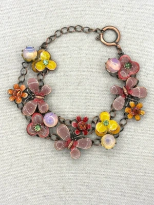 Multicolor Butterfly Flower Opalite Crystal Two Row Copper Plated Charm Bracelet - Image 1 of 4