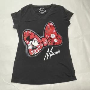 Disney Minnie Mouse V-neck Red Bow Shirt Black Graphic Tee Girls Size L - Picture 1 of 6