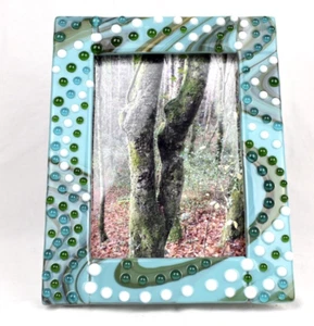 Fused Art Glass Picture Frame Blue Green Swirl Polka Dots Handmade Y2K Retro - Picture 1 of 8