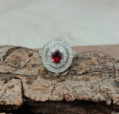 Anello in argento sterling 925 granato, zirconi anniversario gioiello misura ... - Immagine 1 di 4