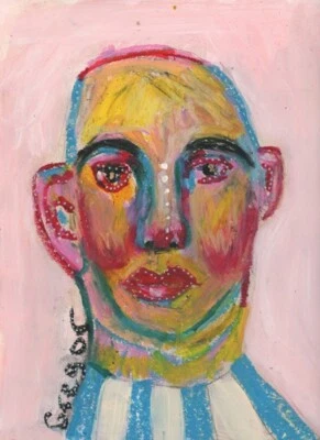 Expressive Original Portrait Painting 9x12 Bald Man Naive Art Gregor Miz Katie - Image 1 of 4