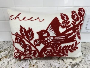 Pottery Barn Embroidered Bird "Cheer" Throw Pillow 12”X16” Cream Ivory Rust Red - Picture 1 of 4