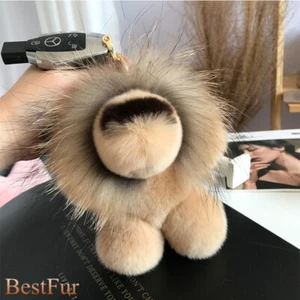 Cute Real Rabbit Fur Lion Pompom Ball Bag Charm Keyring Car Phone Pendant Gift - Picture 1 of 27