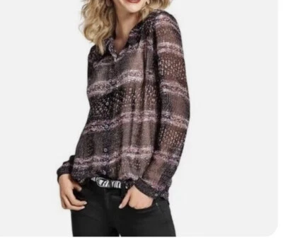 CAbi Blouse Black Sheer Print Button Down Top Size XS - Image 1 of 4