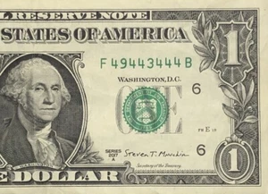 Billete de un dólar número de serie elegante Six of a Kind 4s F49443444B FW - Imagen 1 de 6