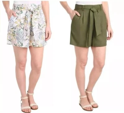 Pantalón Corto Dalia Damas Mezcla Lino Corbata Frontal, S, M, Verde, Blanco Floral Foto 1 de 4