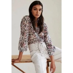 REISS Talia Floral Print Blouse Cream Gray Pink Women US 6 Ruffle Trim Romantic - Picture 1 of 11