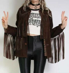 Chaqueta de cuero de gamuza marrón vintage para mujer Abrigo occidental con flecos nativos - Imagen 1 de 5