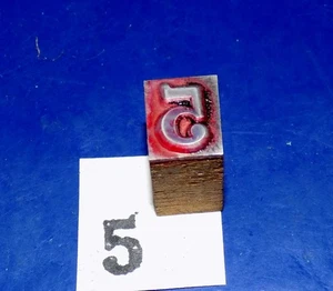 Bloque de impresoras tipográficas vintage de madera y metal número "5" - Imagen 1 de 2