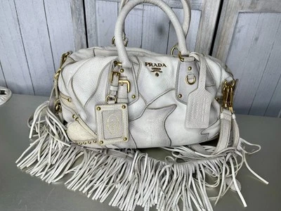 Bolso Bowler Grande Prada Cuero Dorado Taupe Antiguo Cervo Flecos Asa Superior Foto 1 de 4