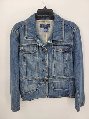 Chaqueta de mezclilla Baccini para mujer XL Tomboy Trucker lavado mediano Denim Boho Southwestern Foto 1 de 4