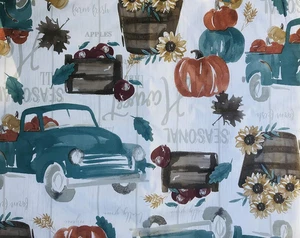 Farm Fresh Fall Harvest Teal Trucks Pumpkins Vinyl Flannel Tablecloth Var Size - Picture 1 of 9