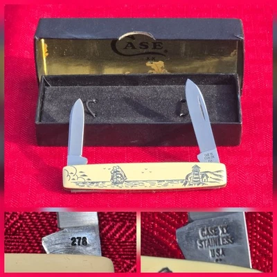 Cuchillo pluma plegable ataúd de colección Case XX Ship Lighthouse Scrimshaw 1978 278 Foto 1 de 4