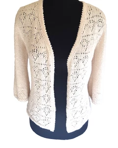 Open Front V-Neck Hand Knitted Cream  Cardigan Wool Blend 3/4 Slv  Sz  S/Petite - Picture 1 of 10