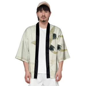 Men 3/4 Baggy Sleeve Kimono Happi Jacket Haori Yukata Shirt Cardigan Top - Picture 1 of 8