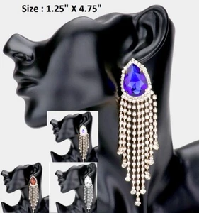Chain Fringe Teardrop Crystal Rhinestone Cocktail Long Dangle Pierced Earrings - Picture 1 of 4