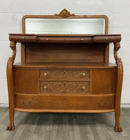 Antique Empire Style Tiger Oak Carved Claw Foot Server Buffet Sideboard Cover