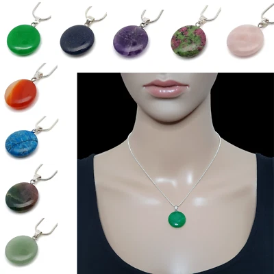 Necklace Gemstone Coin Pendant Natural Round Crystal Chakra Silver Plated Chain - Image 1 of 4