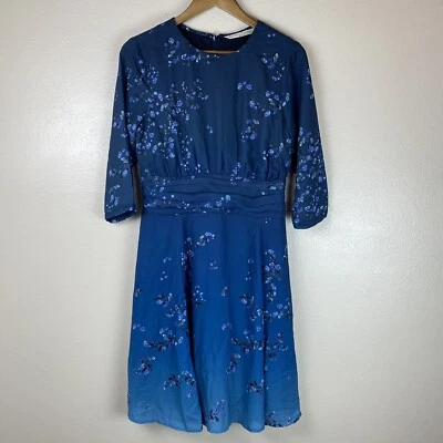 eShakti Wayward фантазии платье L 3/4 рукав расклешенный линия цветочный синий вечеринки - Изображение 1 из 4
