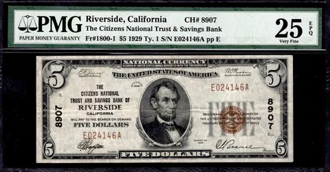 1929 Riverside California The Citizens NT&SB PMG 25 EPQ Ch#8907 Type 1 Fr#1800-1 Cover