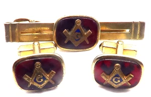 Vintage Antique ANSON  Free Masons Masonic Gold Tone Red Cufflinks and Tie Clip - Picture 1 of 3
