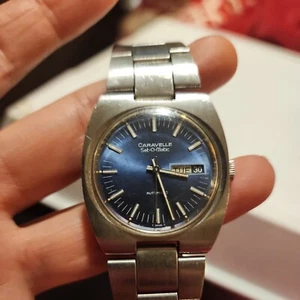 Vintage 1970 Caravelle Day-Date All SS Watch w/Blue Dial - Picture 1 of 11