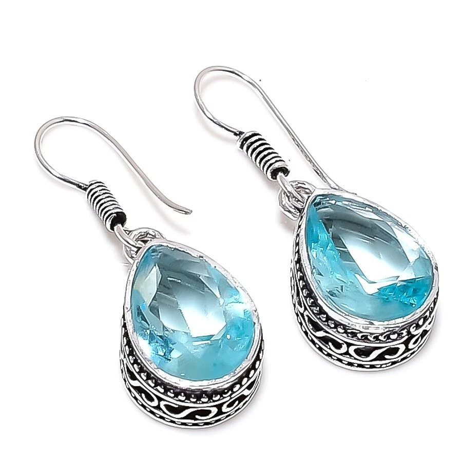 Aquamarine Gemstone Handmade 925 Sterling Silver Jewelry  Earring Sz 1.2" - Image 1 of 1