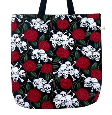 Skulls and Roses Tote Bag. Lined Shopping Bag. Handmade. Reusable. Black handle - Image 1 of 4