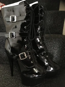 Black PVC Boots Size UK6 New stiletto buckle 8US gothic platform heels ankle - Picture 1 of 3