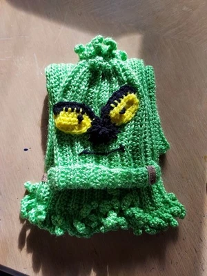 儿童 Grinch 帽子和围巾套装,罗纹钩针编织,柑橘绿,38 英寸长 x 8 英寸宽(物品 29) — 第 1/4 张图片