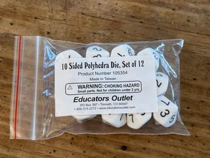 10-Sided POLYHEDRA DIE, Set of 12 WHITE w/Black Numbers EDUCATORS OUTLET New! - Picture 1 of 4