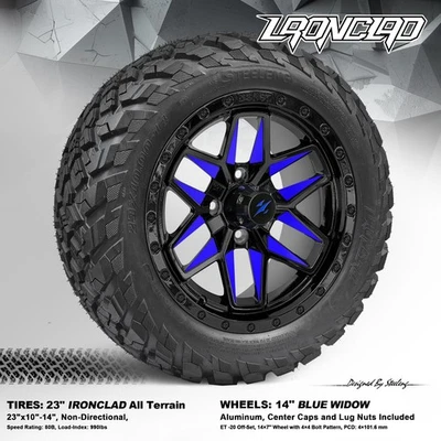 4x GOLF CART 14"x7" BLUE WIDOW WHEELS and 23"x10"-14" IRONCLAD A/T TIRES Foto 1 de 4