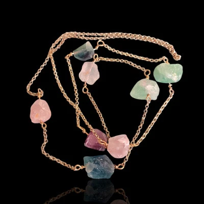 VTG Gold Plated Natural Rough Flourite Station Chain Necklace 37in Green Purple - Image 1 of 4