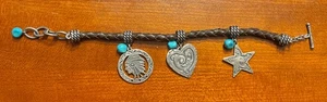 Carolyn Pollack 925 Silver/turquoise Charm Bracelet Leather Braid - Picture 1 of 2