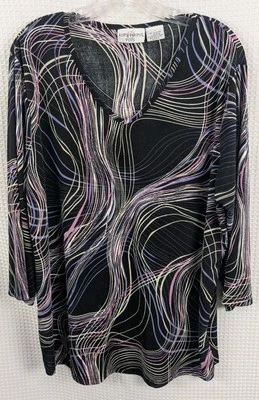 Kathy Ireland Plus Black Geometric Print Slinky Top Size 1X 3/4 Sleeves - Image 1 of 4