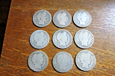 Lot of 9 Barber Half Dollars. 90% SILVER. 3 Key Dates 1894 O, 1910 S, 1912 D - Image 1 of 4