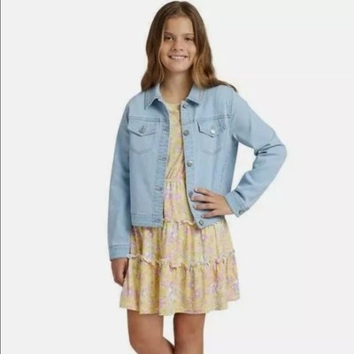 BCBG Girls Dress & Denim Jacket Yellow Floral Cinched Waist Size M (10/12) - Image 1 of 4