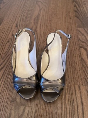 Nine West Sylviao Open Toe Slingback Heels Bronze patent leather Size 7 1/2 M - Image 1 of 4